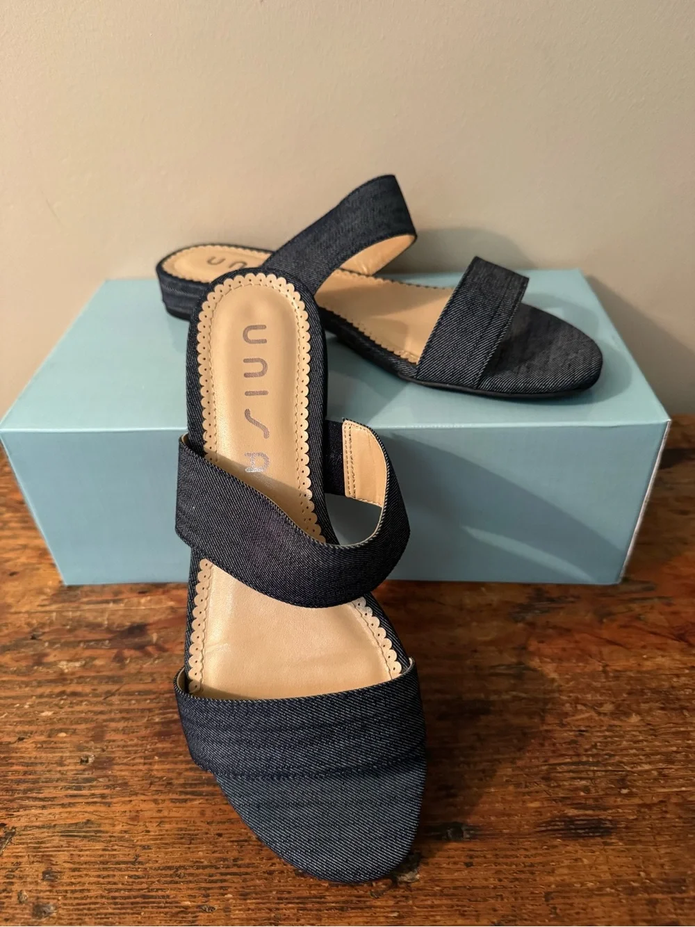 Unisa Navy Denim Two-Band Slide Sandal, size 9